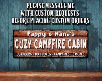 Grandparents Cozy Campfire Cabin Metal Sign – Printed on Rustproof Aluminum, Rustic Looking Custom for Any Grandparents Nicknames THC20045-A