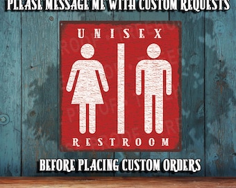 Unisex Restroom Sign Woman & Man Icon Metal Sign - Customizable • Rustic Looking  • Color Print - THC3013-A