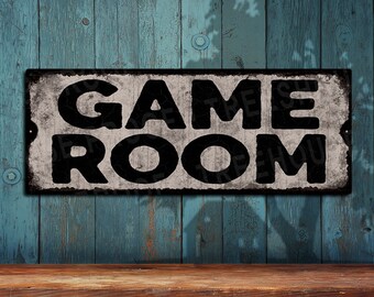Game Room Sign • Distressed Looking Antiqued White  • Rustic Metal Sign - Color Imprint On Rustproof Aluminum • Made in USA • THC2465-A