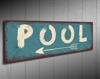 Pool Sign With Arrow Pointing Left - Rustic Looking Aluminum Sign • Full Color Imprint On Rustproof Aluminum • Made In the USA • THC2087-A