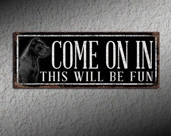 Come On In Cane Corso Beware of Dog Sign Rustic Looking Metal Sign - Customizable Color Imprint on Rustproof Aluminum - USA Made - THC2283-A