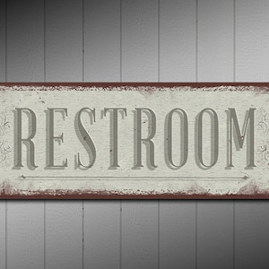 Restroom Sign Distressed White - Rustic Looking Aluminum Sign - Beautiful Color Imprint On High Quality Metal - Made in the USA • THC2082-A