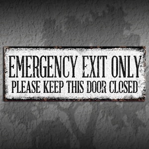 Distressed Emergency Exit Sign Black & White • Rustic Looking • Customizable • Color Imprint On Rustproof Aluminum • Made In USA • THC2236-A