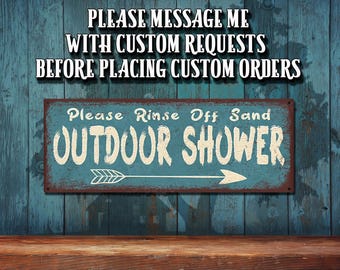 Outdoor Shower Rinse Off Sand - With Arrow Pointing Right - Rustic Looking • Full Color Imprint on Aluminum • THC20096-A