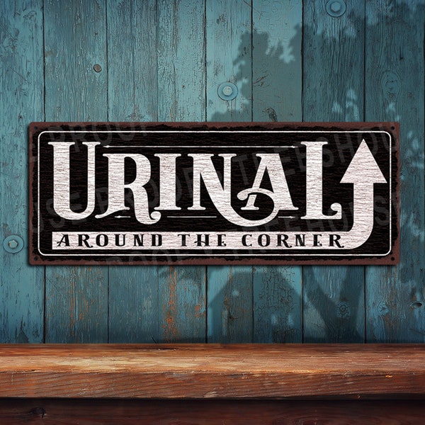 Urinal Around Corner Black  Metal Sign - Rustic Looking Aluminum Sign - Color Imprint on Rustproof Aluminum - THC2577-A