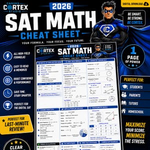 Könnte beinhalten: Ein digitaler SAT-Mathematik-Spickzettel für 2026 mit Formeln, Algebra-Abkürzungen und Geometrie-Grundlagen. Das blau-weiße Design enthält den Text "Your Formula. Your Focus. Your Future." Ideal für Schüler, Eltern, Tutoren und Homeschooling.