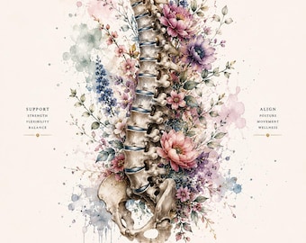 Colonne vertébrale et fleurs en harmonie - Décoration murale médicale | Téléchargement numérique