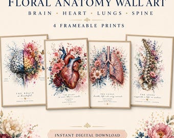 Floral Anatomy Wall Art Set, Brain Heart Lungs Spine Prints (Digital Download)