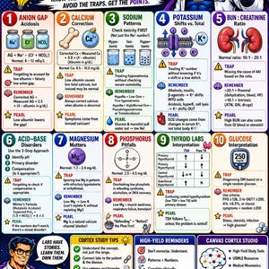 May include: An educational infographic titled Top 10 Lab Value Traps for the USMLE, featuring a superhero character and ten numbered sections detailing medical lab values, formulas, and clinical pearls with icons, text, and diagrams on a dark background.