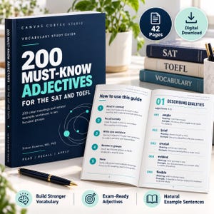 May include: A dark blue study guide titled 200 Must-Know Adjectives for the SAT and TOEFL by Canvas Cortex Studio, shown with an open interior page displaying instructions and a list of adjectives, alongside a black pen and stacked books.