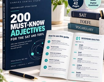 200 Must-Know Adjectives for Sat and Toefl Vocabulary Study Guide PDF, 42-Page Printable Digital Download, ESL Academic English