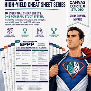 May include: A promotional image for the EPPP High-Yield Cheat Sheet Series. The image features a man in a superhero costume, with the text "EPPP" and "HIGH-YIELD CHEAT SHEET SERIES". The image also includes the text "10 ESSENTIAL CHEAT SHEETS. ONE POWERFUL STUDY SYSTEM."