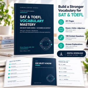 May include: A dark blue SAT & TOEFL Vocabulary Mastery workbook by Canvas Cortex Studio. The cover features white and teal text, including 600 must-know words and 100 words in context. Open pages show instructions on how to use the book and answer keys.