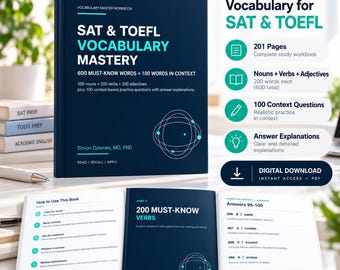 Sat and TOEFL Vocabulary Mastery Workbook PDF, 600 Must-Know Words, 100 Words in Context Questions, 201-Page Digital Study Guide