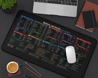 Tapis de table de référence des valeurs de laboratoire médical | Aide-mémoire pour les études médicales