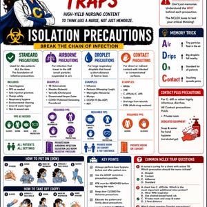以下が含まれることがあります： NCLEX TRAPS Isolation Precautionsと題された教育用インフォグラフィック。スーパーヒーローの看護師、標準、空気感染、飛沫感染、接触感染の予防策の内訳、個人用保護具の要件、着脱手順、練習問題が記載されています。