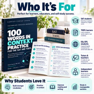 Pode incluir: Um caderno de exercícios de vocabulário azul-escuro intitulado 100 Words in Context Practice for the SAT and TOEFL por Simon Downes, MD, PhD. A imagem mostra a capa do livro, uma página aberta com exercícios e ícones educativos.