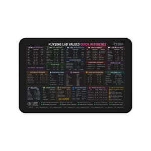 May include: A rectangular black desk mat featuring a white and coloured text chart titled Nursing Lab Values Quick Reference. The chart includes organised sections for CBC, BMP, ABGs, cardiac markers, liver function, electrolytes, and vital signs.