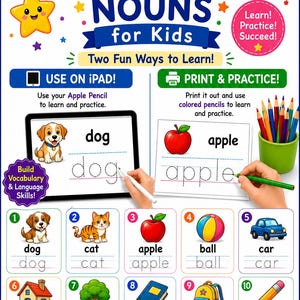Pode incluir: Cartaz educativo "Basic English Nouns for Kids" com ilustrações coloridas de substantivos comuns como cão, maçã e carro. Inclui opções para aprender no iPad ou imprimir e praticar. Apresenta uma estrela e uma personagem de desenho animado.