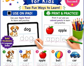 Noms anglais de base pour enfants, feuilles d'exercices de traçage imprimables et pour iPad, activités d'apprentissage avec l'Apple Pencil