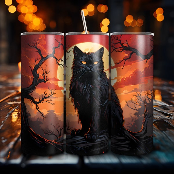 Spooky Black Cat Halloween Skinny Tumbler with Straw, 20oz, Hot or Cold, Trick or Treat Gift for kids, Gift for friend, Halloween Lover Gift