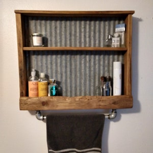 Reclaimed wood towel bar/shelf with corrugated tin