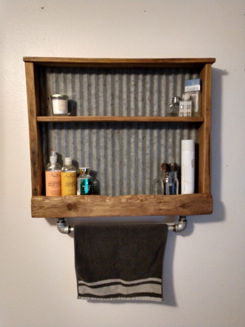 Reclaimed Wood Towel Bar/shelf With Corrugated Tin Etsy