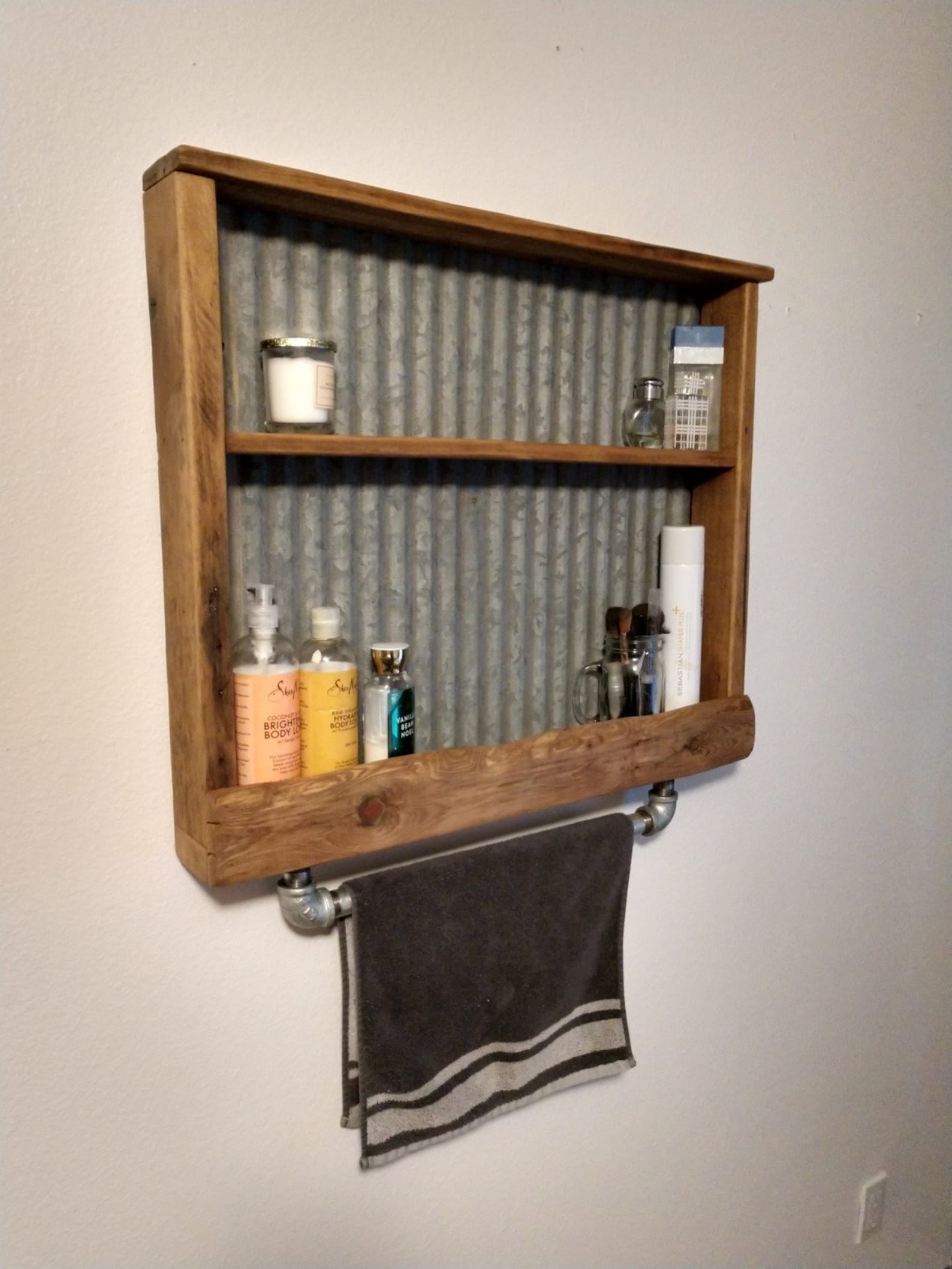 Reclaimed Wood Towel Bar/shelf With Corrugated Tin Etsy