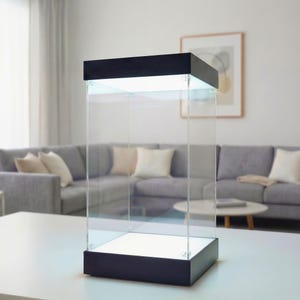 Może przedstawiać: Przezroczysta gablota z czarną podstawą i górą. Wnętrze jest oświetlone jasnym, białym światłem. Gablota jest prostokątna i wykonana ze szkła, idealna do prezentacji przedmiotów kolekcjonerskich.