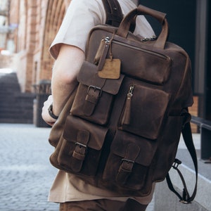 Brown Leather Backpack, Many Pockets Backpack, Traveling Backpack, Mens Handmade Backpack, Personalized Rucksack, Men&#39;s Backpack for Travel