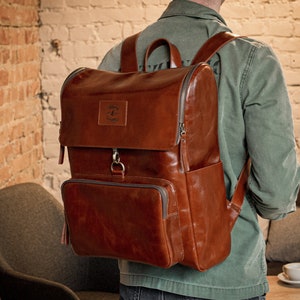 Leather Backpack for Men, Vintage Laptop Backpack, Personalized Travel Daypack, Large Leather Rucksack, Work Backpack, Stylish Gift for Him