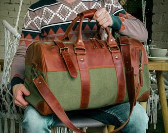 Custom Brown Canvas Travel Bag, Overnight Leather Bag, Green Wax Canvas Holdall, Canvas Weekender, Groomsmen Gifts, Men's Canvas Duffle Bag