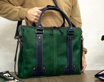 Leather laptop bag men, Leather briefcase green, Messenger bag school, Leather satchel handmade, Leather computer bag, 17 inch laptop bag