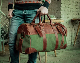 Canvas duffel bag, Wax canvas holdall, Canvas leather weekender, Green travel bag for men, Canvas bag, Brown overnight bag men, Gym bag