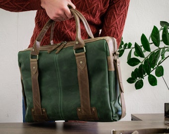 Briefcase Bag With Zipper, Leather Briefcase Laptop, Leather Office Bag For Man, Green Laptop Bag women 17 inch,Leather Messenger Bag Laptop