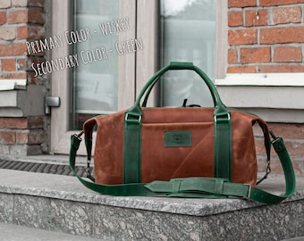 Personalized Leather Duffle Bag with Laser Engraving, Handmade Weekender Bag for Men, Travel Carry On Bag, Overnight Bag Leather Gift