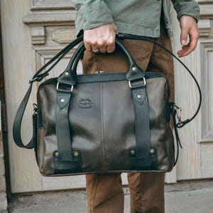 Echt lederen laptoptas, bruine leren tas, handgemaakte aktetas als cadeau voor leraar, computertas, leren schoudertas voor man