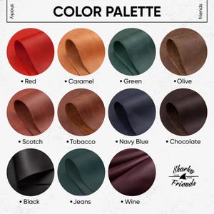 The image is a color palette featuring various leather colors, including red, caramel, green, olive, scotch, tobacco, navy blue, chocolate, black, jeans, and wine.