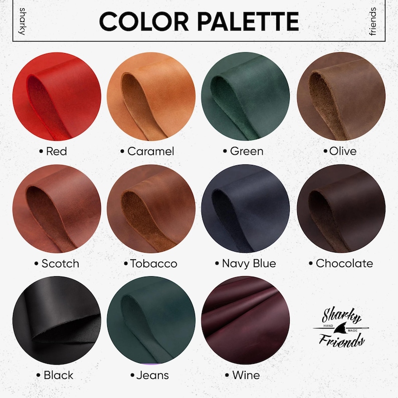 The image is a color palette featuring various leather colors, including red, caramel, green, olive, scotch, tobacco, navy blue, chocolate, black, jeans, and wine.