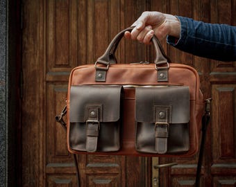 Bolso de cuero personalizado, bolso para portátil de cuero personalizado con grabado láser, maletín hecho a mano para hombre, bolso de mano de cuero.