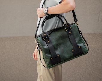 Custom Messenger Bag for Men, Leather Briefcase for Dad, Personalized Laptop Bag for Husband, Leather Satchel Bag with Laser Engraving