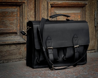 Personalized Leather Laptop Bag, Top Handle Briefcase, Messenger Bag for Men, 17 inch Laptop Bag as a Gift for Him, Leather Satchel Bag