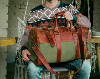 Custom Brown Canvas Travel Bag, Overnight Leather Bag, Green Wax Canvas Holdall, Canvas Weekender, Groomsmen Gifts, Men's Canvas Duffle Bag