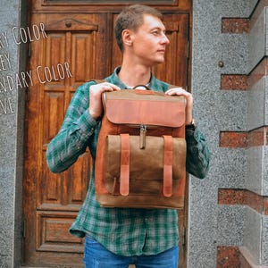 May include: A brown and olive leather backpack with a top flap and front pockets. The backpack has a zipper closure and adjustable straps. The text on the image says "Primary Color Wiskey, Secondary Color Olive."