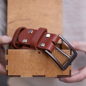 Genuine Leather Belt with Wooden Gift Box, Custom Engraved Mens Belt, Anniversary Gifts for Husband, Custom Brown Leather Belt for Dad