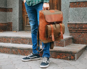 Personalization Laptop Backpack, Brown Leather Backpack as a Gift for Husband, Leather Rucksack, Vintage Travel Backpack, School Backpack