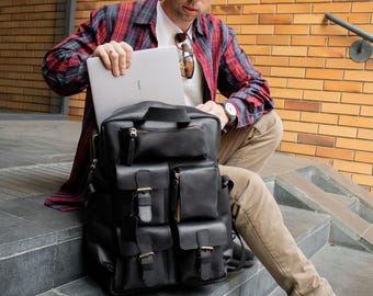 Mochila de couro para laptop, mochila de couro preta masculina, mochila com bolsos, mochila de viagem masculina como presente personalizado para o marido.