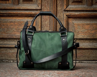 Green leather bag, mens leather bag, leather briefcase, leather laptop bag, leather travel bag, satchel bag, leather gift men