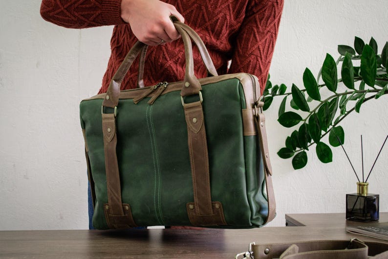 Briefcase Bag With Zipper, Leather Briefcase Laptop, Leather Office Bag For Man, Green Laptop Bag women 17 inch,Leather Messenger Bag Laptop image 1
