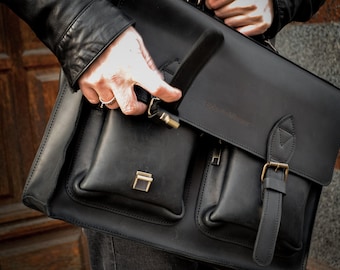 Personalized Leather Laptop Bag, Messenger Bag for Men, Top Handle Briefcase, 17 inch Laptop Bag as a Gift for Him, Leather Satchel Bag